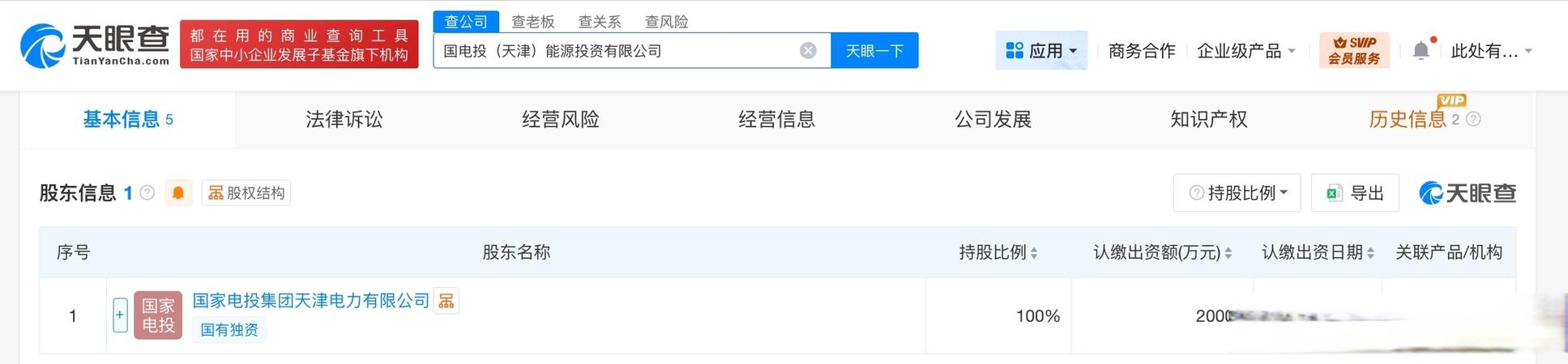 【#国家电投在天津成立能源投资公司# 注册资本2亿】天眼查工商信息显